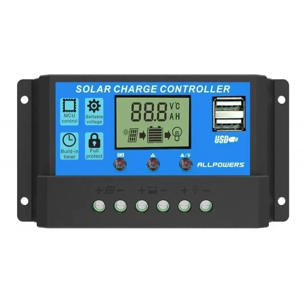 Ρυθμιστής Φόρτισης PWM 20A 12/24V με Οθόνη και Διπλή Θύρα USB