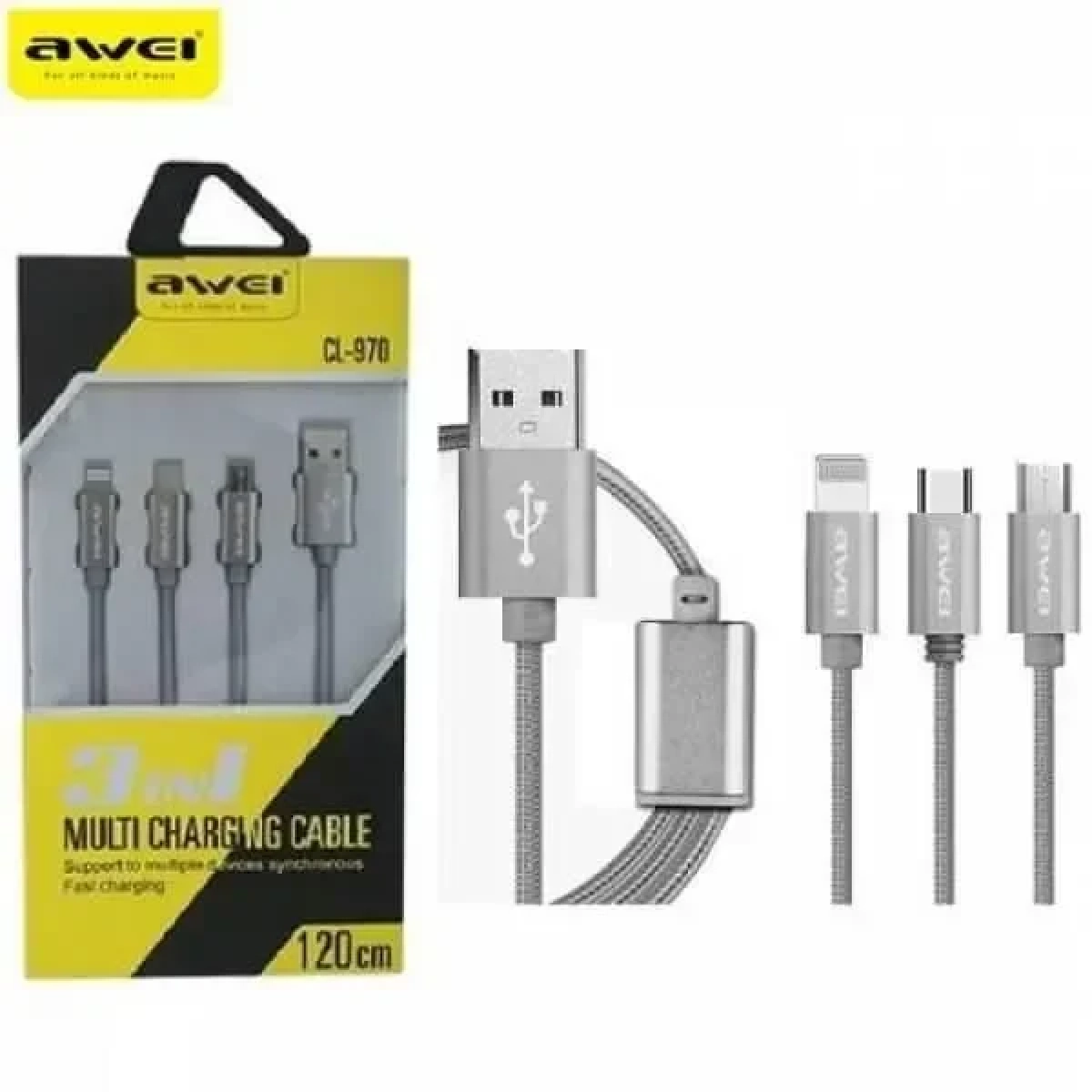 Καλώδιο Φόρτισης Awei CL-970 1.2m 3σε1 Micro USB - USB Type-C - Lightning Fast Charging, σε ασημί χρώμα