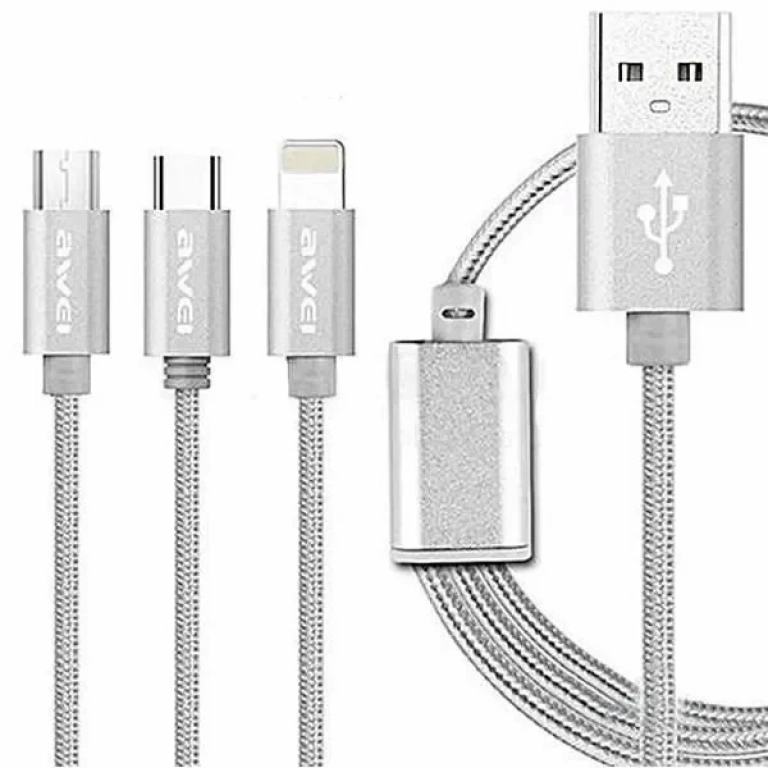 Καλώδιο Φόρτισης Awei CL-970 1.2m 3σε1 Micro USB - USB Type-C - Lightning Fast Charging, σε ασημί χρώμα