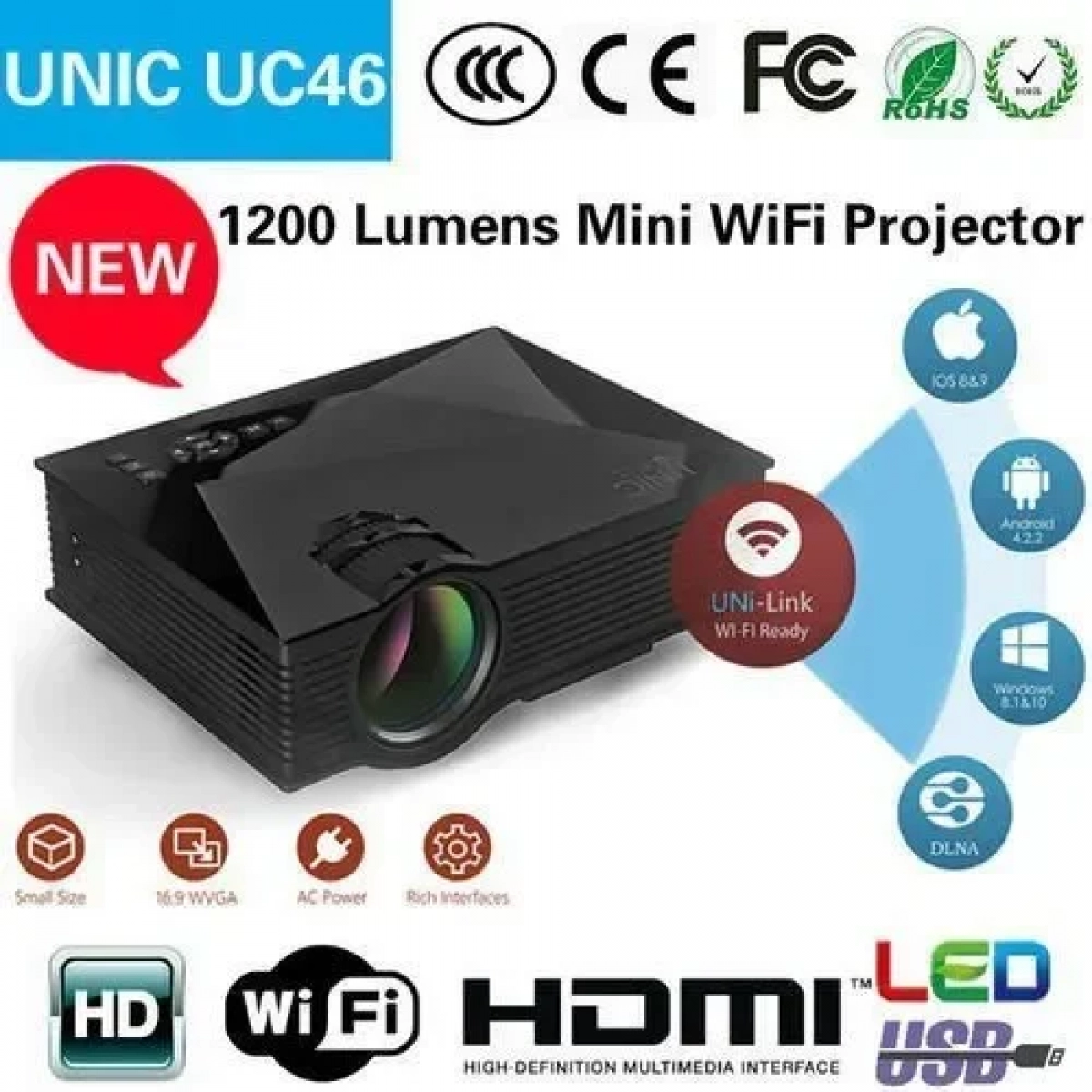 Mini Projector LED 1080P (WiFi - Miracast - Airplay - DLNA) - Unic UC46