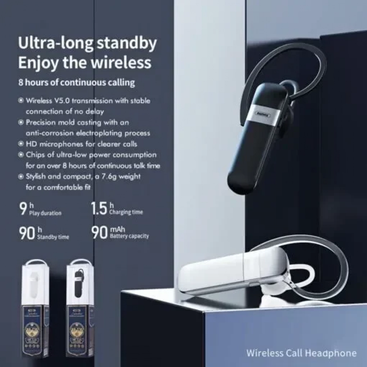REMAX RB-T36 Single Hanging Ear Bluetooth 5.0 Business Call Wireless Bluetooth Earphone (White)Ω