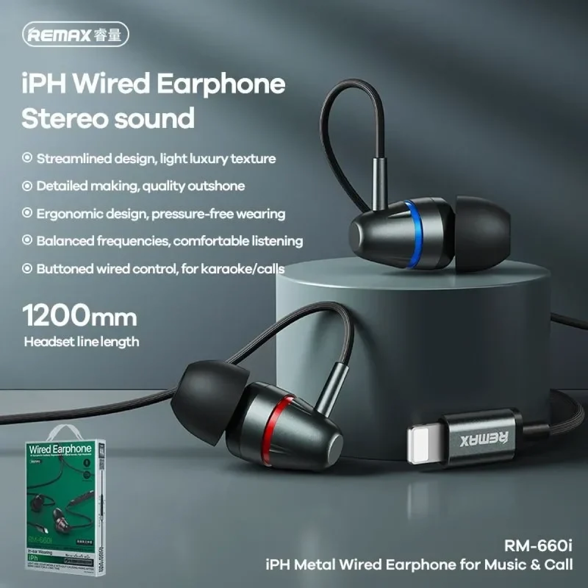 Remax RM-660i In-ear Handsfree με Βύσμα Lightning Μαύρο