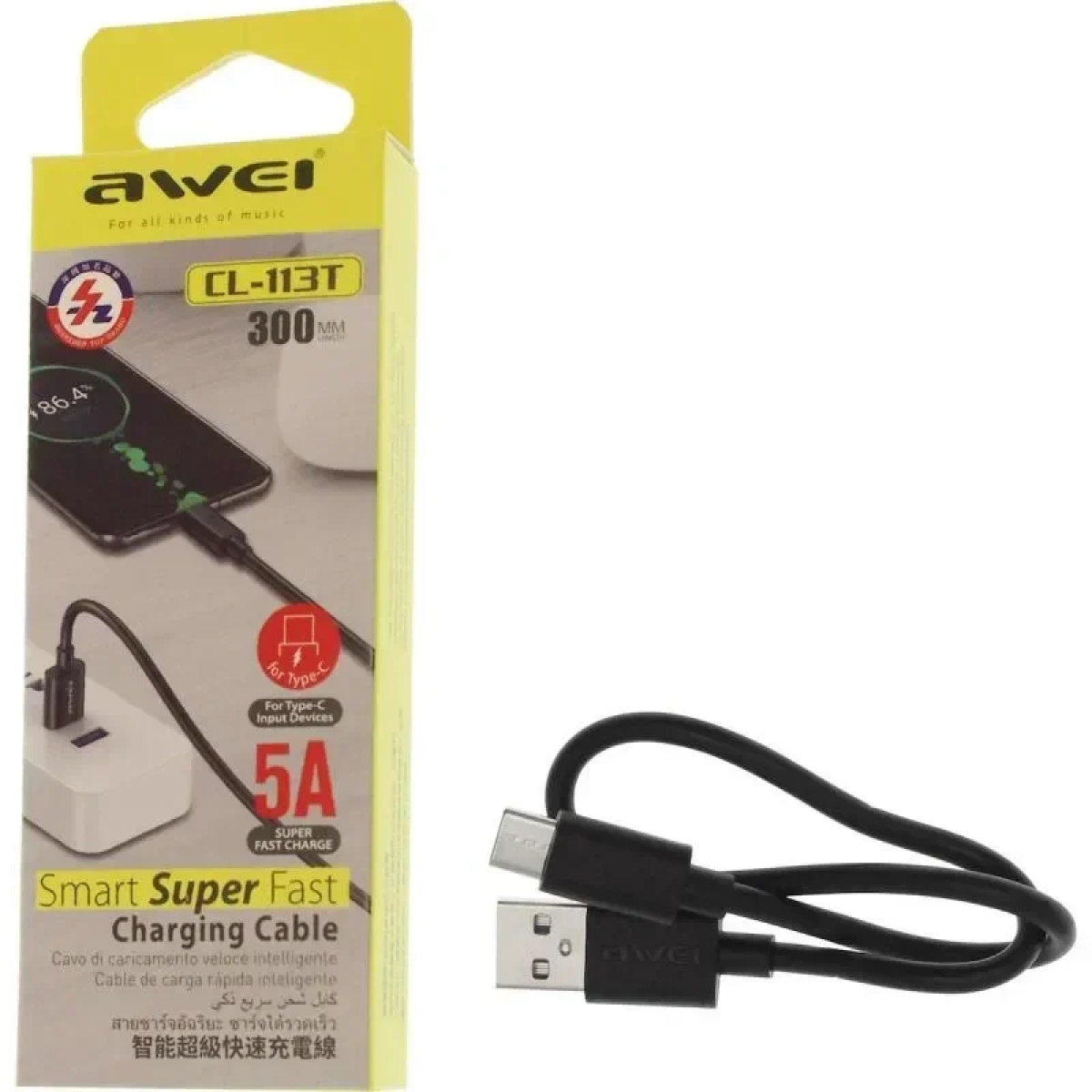 AWEI καλώδιο USB σε Type-C CL-113T, 5A, 0.30m, μαύρο