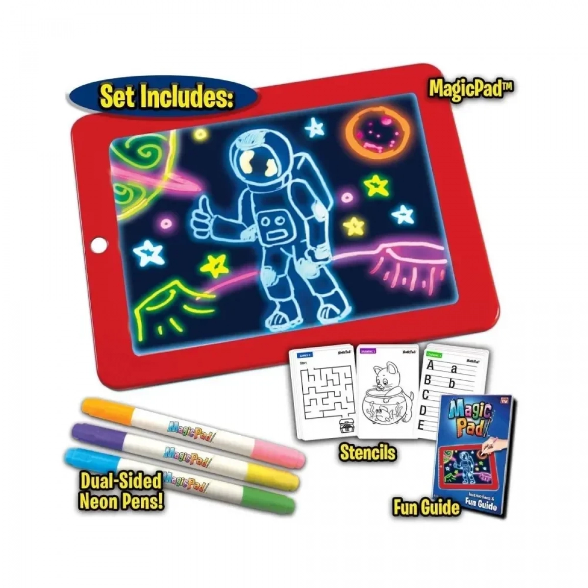 3D Magic Sketchpad, Φορητός Πίνακας Ζωγραφικής Glow Drawing Pad για παιδιά 3 έγχρωμες πένες σε Κόκκινο Χρώμα