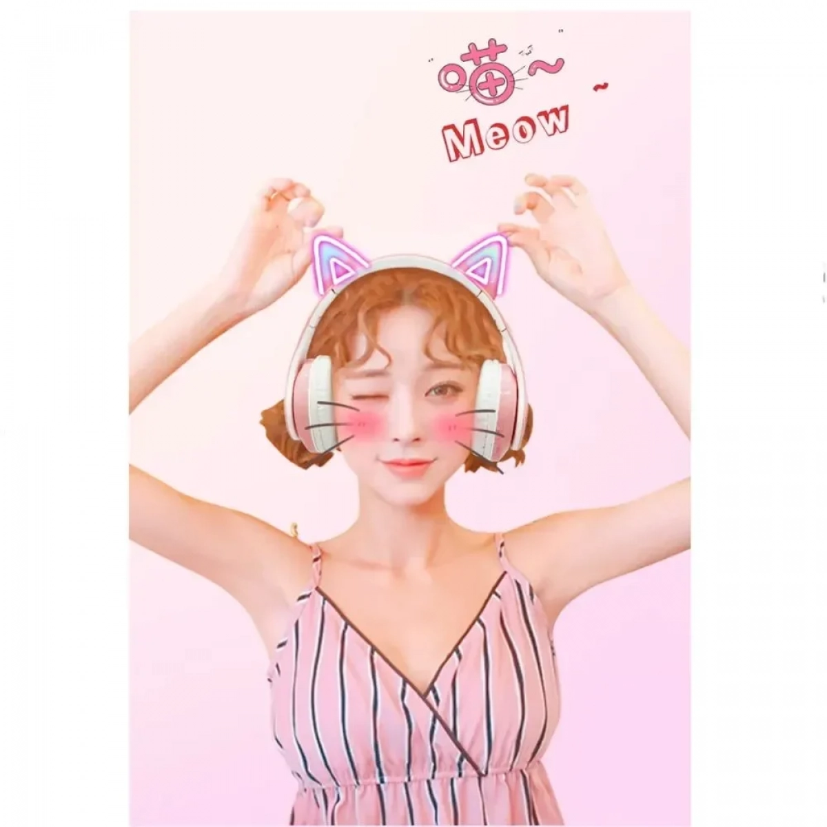 B39 Cat Ear Led Wireless Over Ear Ακουστικά Ροζ - Photo10