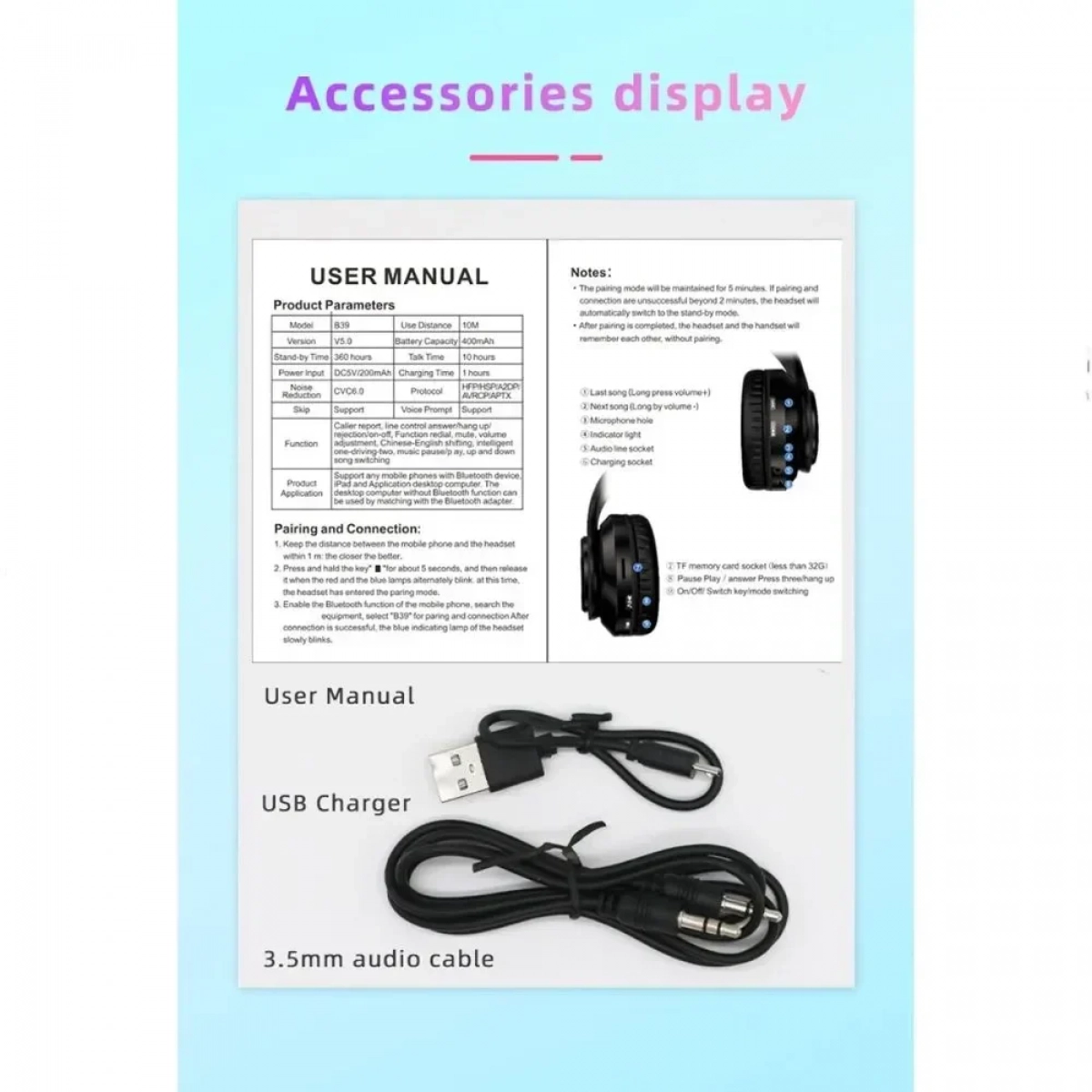 B39 Cat Ear Led Wireless Over Ear Ακουστικά Ροζ - Photo12