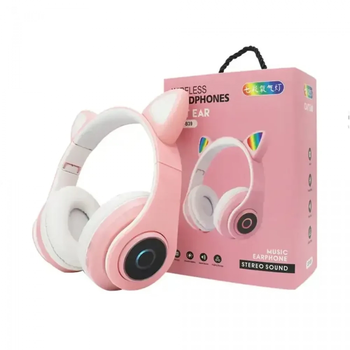 B39 Cat Ear Led Wireless Over Ear Ακουστικά Ροζ - Photo4