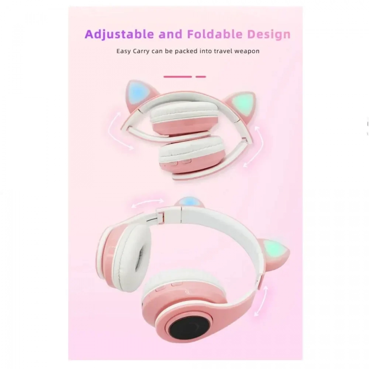 B39 Cat Ear Led Wireless Over Ear Ακουστικά Ροζ - Photo7
