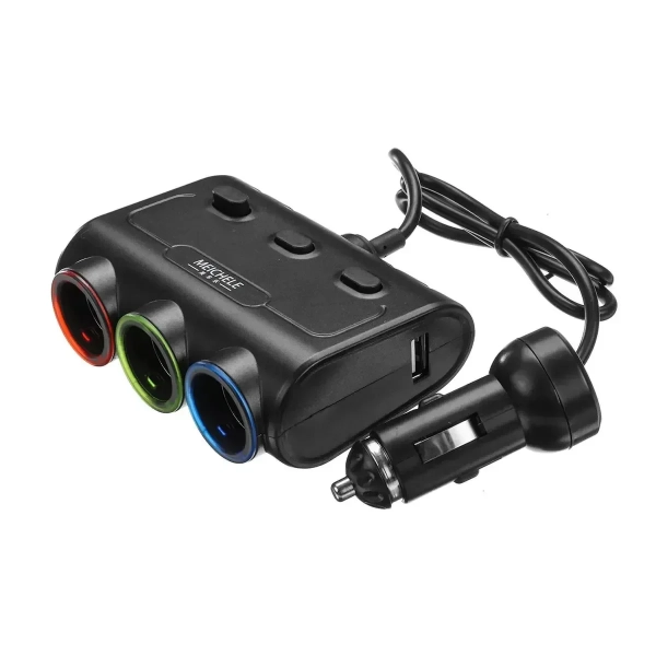 3 In 1 Car Lighter Socket 2-Port USB Charger Adapter With Switch - μαύρος