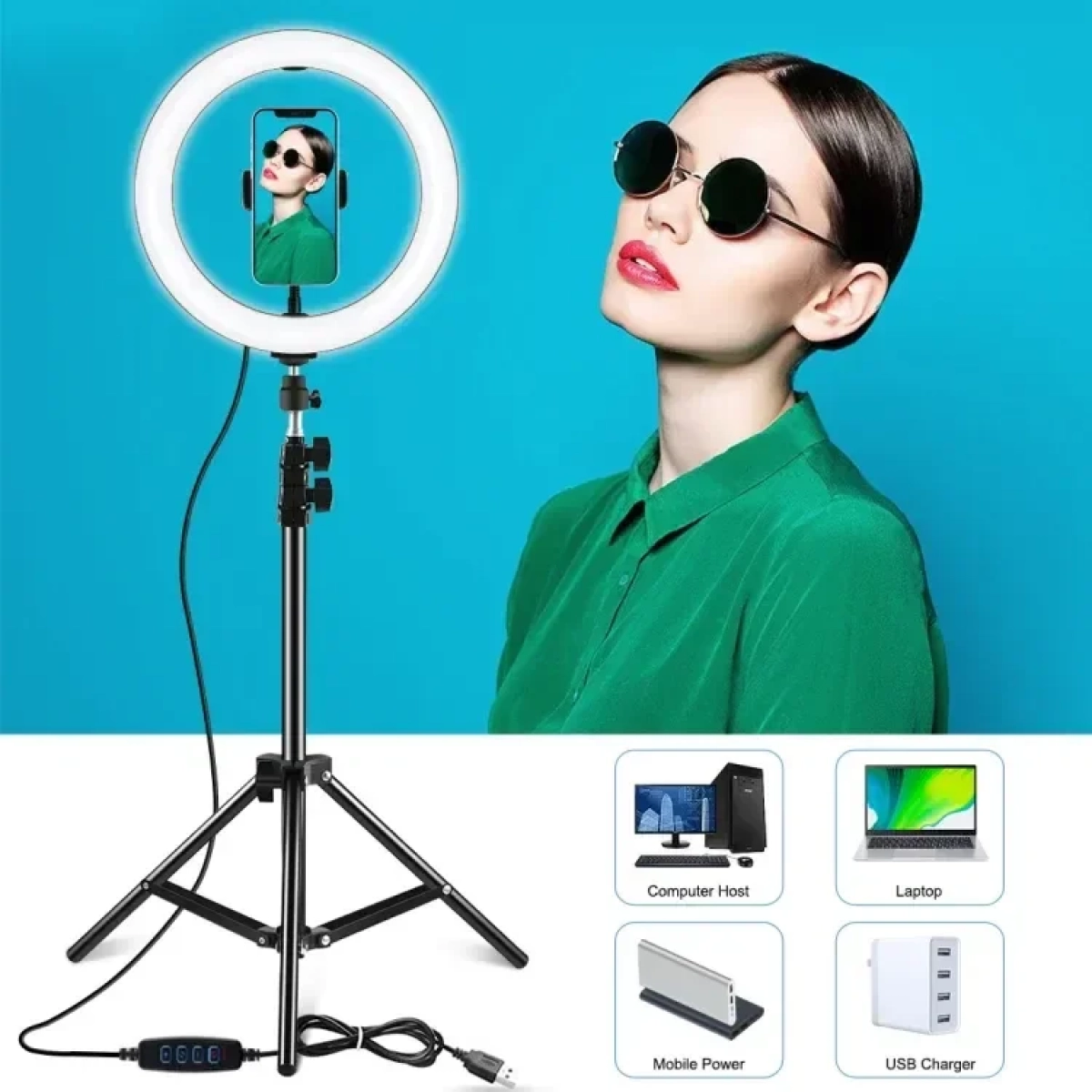 PULUZ PKT3035 10 Inch USB Video Ring Light with 110cm Light Stand Dual Phone Clip for Tik Tok Youtube Live Streaming