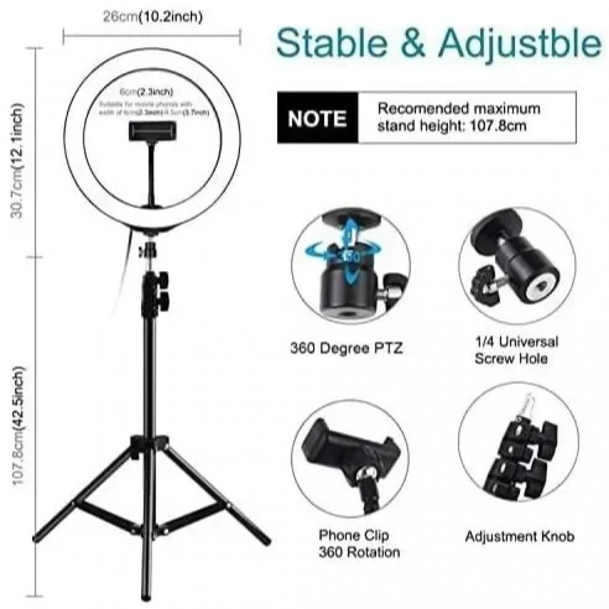 Video Light Kit Ring Light 26cm & Base 140cm 26cm