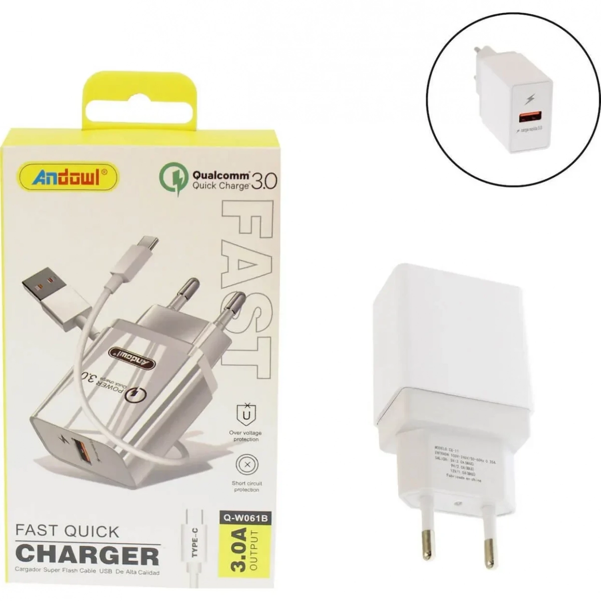 Φορτιστής με Θύρα USB-A και Καλώδιο USB-C Quick Charge 3.0 Andowl AN-Q-W061B