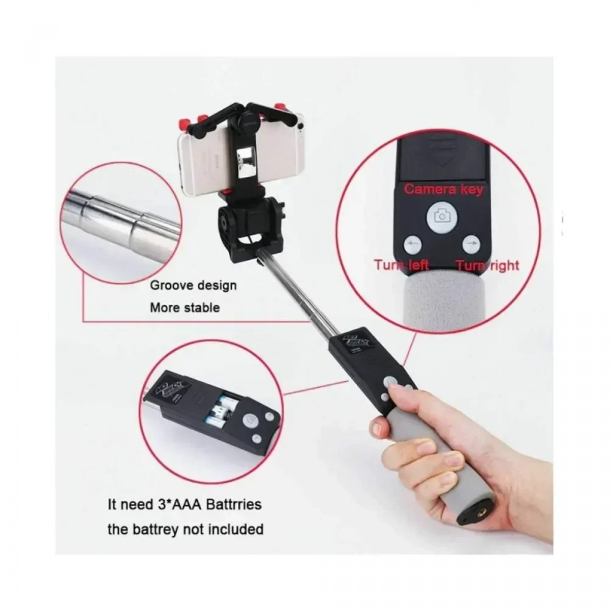 Bluetooth Selfie Stick 360° με Χειριστήριο και Καθρέφτη – iPhoto Μαύρο