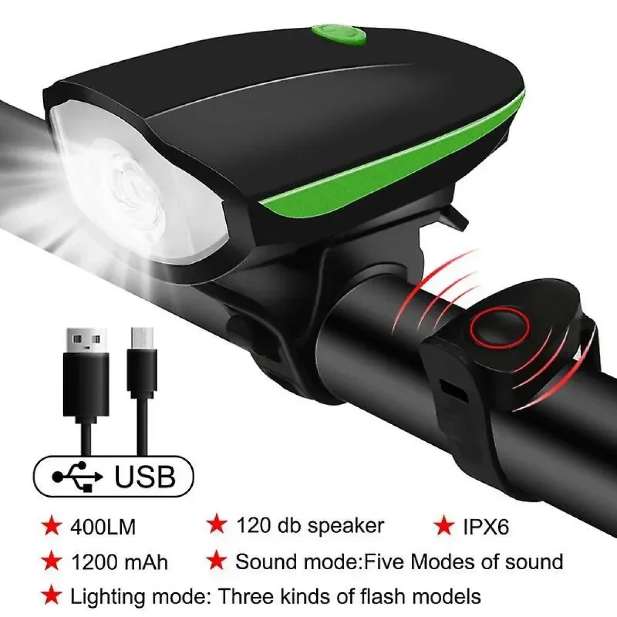 Bicycle 7588 Horn and Light, Κόρνα και Φως Ποδηλάτου Black / Green