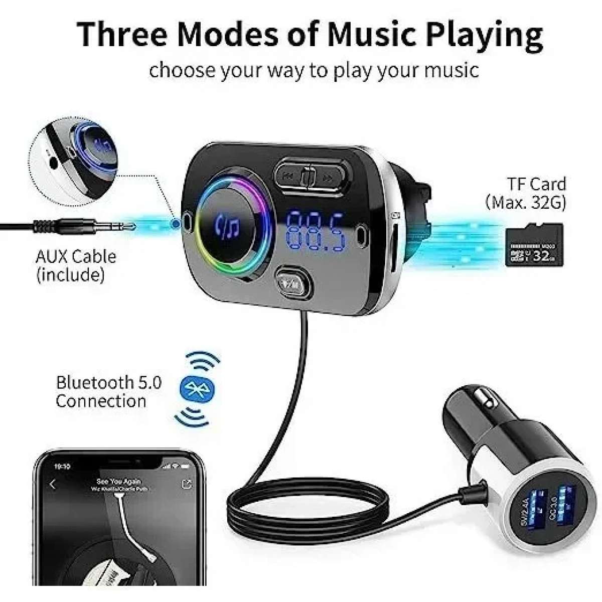 Ασύρματο Bluetooth 5.0 EDR Handsfree MP3 Player Aυτοκινήτου Με 7 LED Φωτισμό USB 5V 3.0A BC39BQ