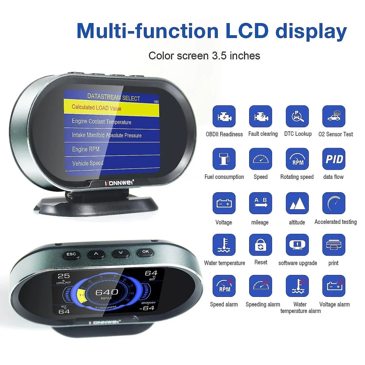Konnwei οθόνη ενδείξεων αυτοκινήτου OBDII KW206 Smart Head-Up Display Speed Monitoring