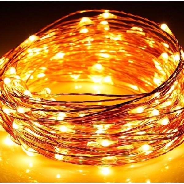 100 Λαμπάκια LED Θερμό Λευκό με Προγράμματα, Σειρά, Χρυσό Καλώδιο Ρεύματος 7.4m