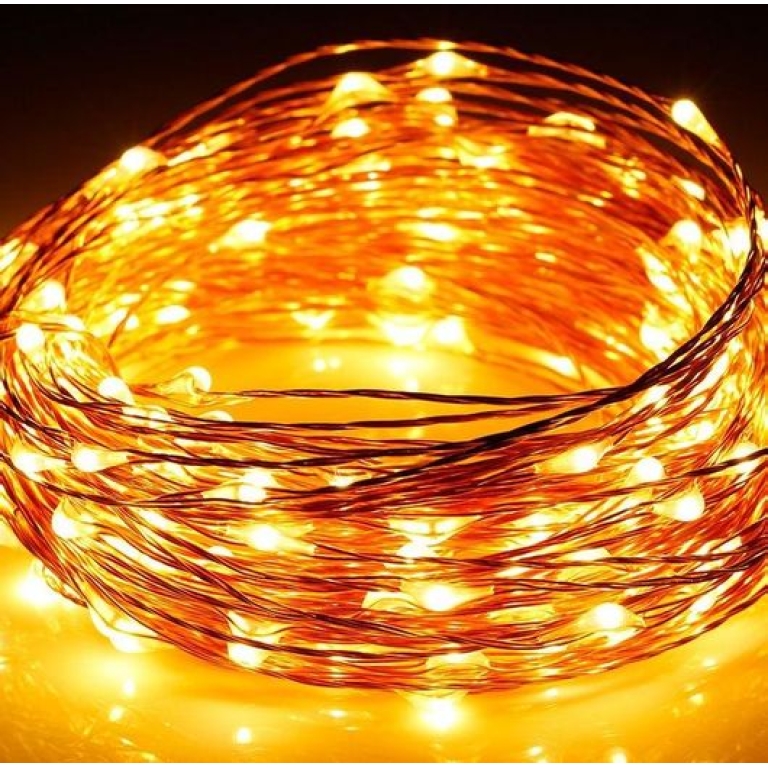 100 Λαμπάκια LED Θερμό Λευκό με Προγράμματα, Σειρά, Χρυσό Καλώδιο Ρεύματος 7.4m