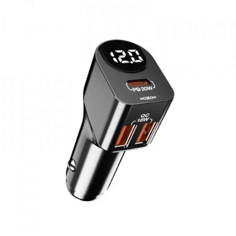 Moxom Φορτιστής Αυτοκινήτου Μαύρος με Θύρες: 2xUSB 1xType-C και Βολτόμετρο Μπαταρίας