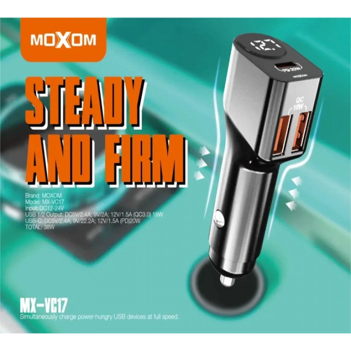Moxom Φορτιστής Αυτοκινήτου Μαύρος με Θύρες: 2xUSB 1xType-C και Βολτόμετρο Μπαταρίας