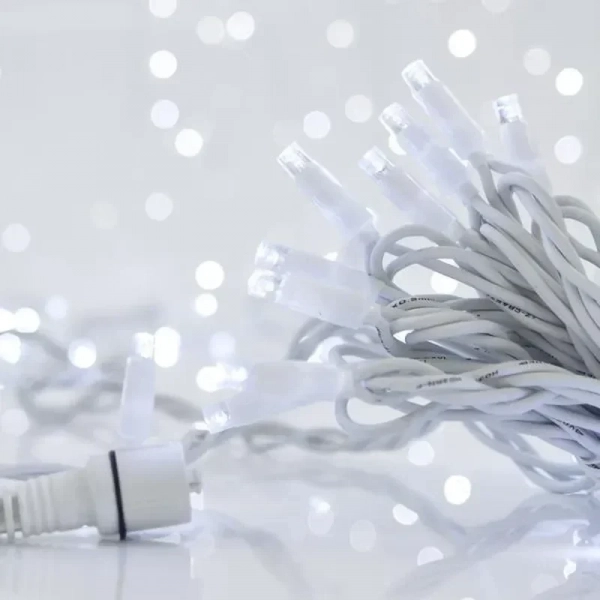 100 Λαμπάκια LED Ψυχρό Λευκό 5mm Επεκτάσιμα , Σειρά, Άσπρο Καλώδιο Ρεύματος 11.6m