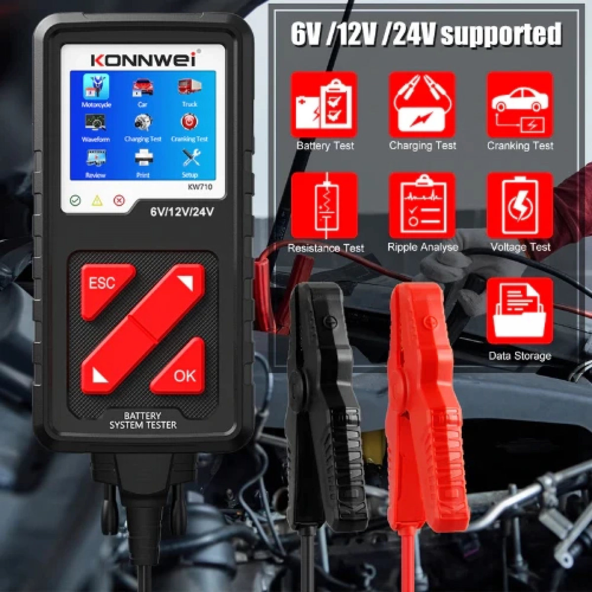 Konnwei Ελεγκτής Ανάλυσης Μπαταριών KW710 Ψηφιακό Battery Tester με Κροκοδειλάκια