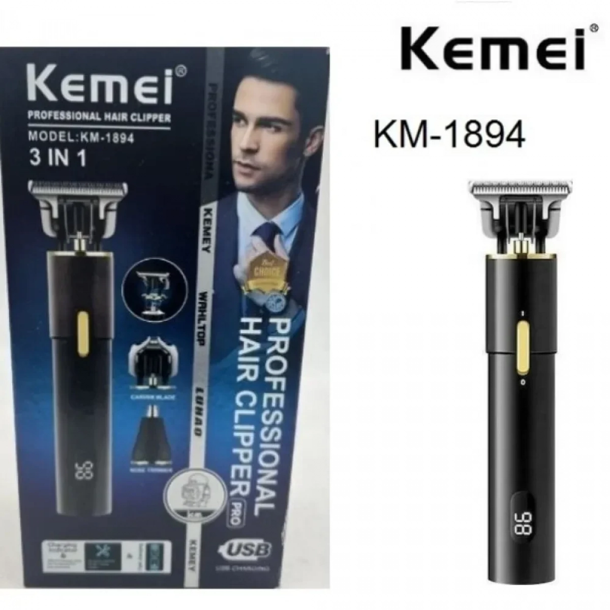 Kemei Επαναφορτιζόμενη Κουρευτική - Ξυριστική Μηχανή 3IN1 με έξτρα κεφαλές για λεπτομέρειες και μύτη KM-1894 - Μαύρο