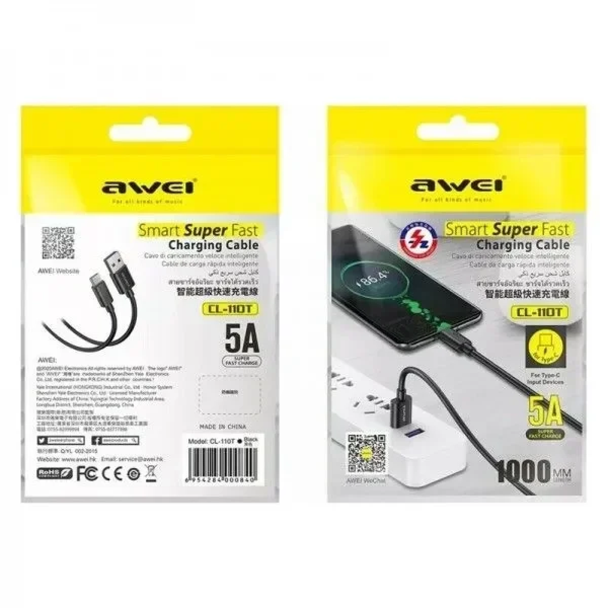 Καλώδιο USB Type-C 1m 5A Quick Charge Awei CL-110T - Μαύρο