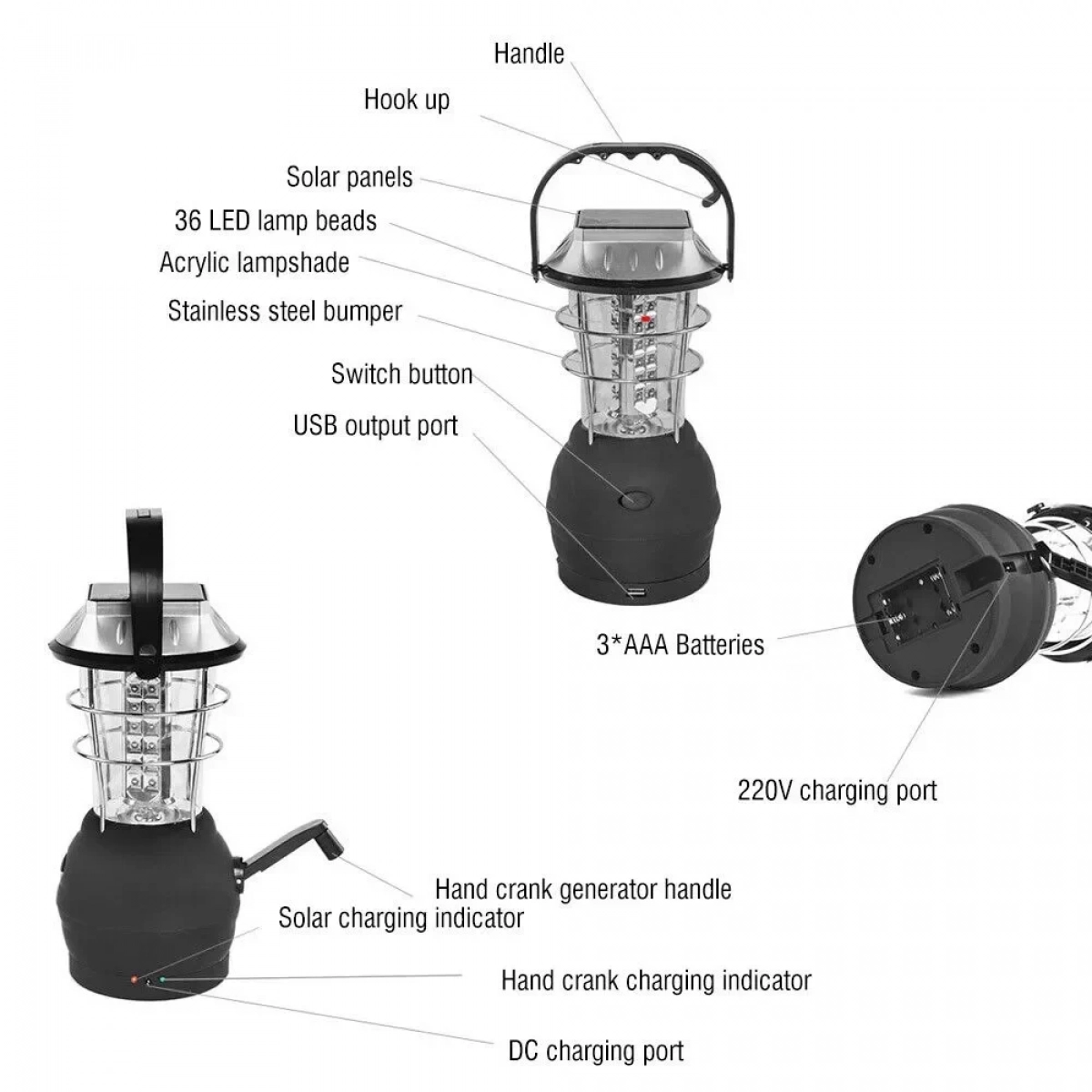 Solar Light Hand Crank Generator 36 Led Camping Light Emergency Light