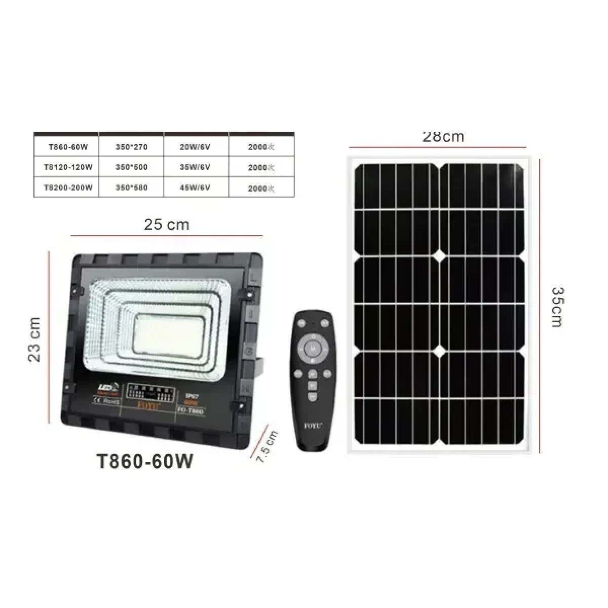 Αδιάβροχος Ηλιακός Προβολέας LED 60w Με Πάνελ Και Τηλεχειριστήριο IP67 FOYU F0-T860 - Image 2