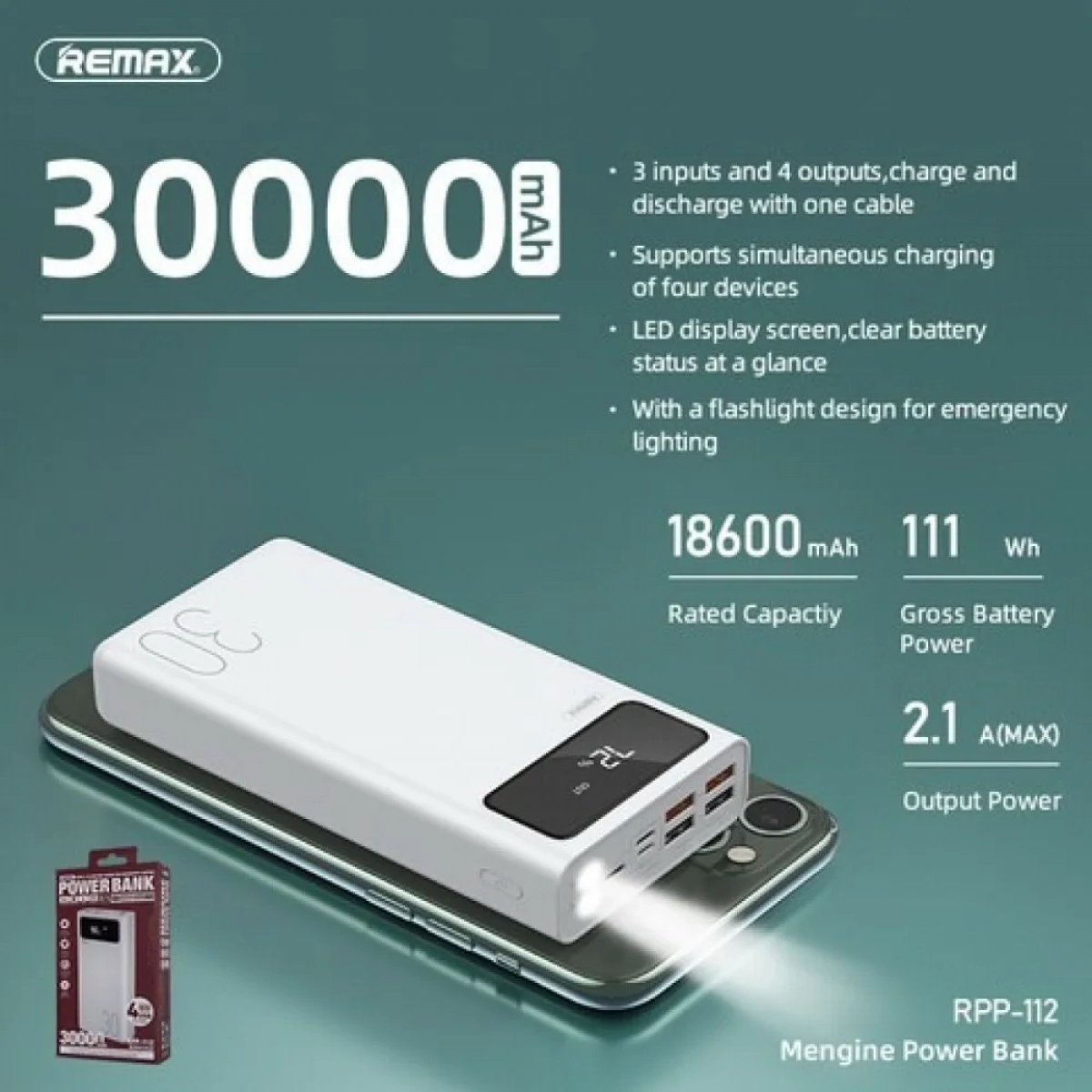 REMAX Power bank RPP-112 High Capacity 4 USB Port 30000mAh / Λευκο - Image 2