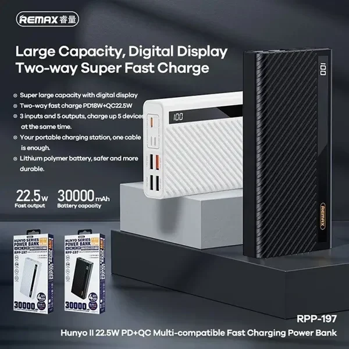 Remax Power Bank RPP-197 30000mAh 22.5W με Γρήγορη Φόρτιση και USB-C Λευκό - Image 3