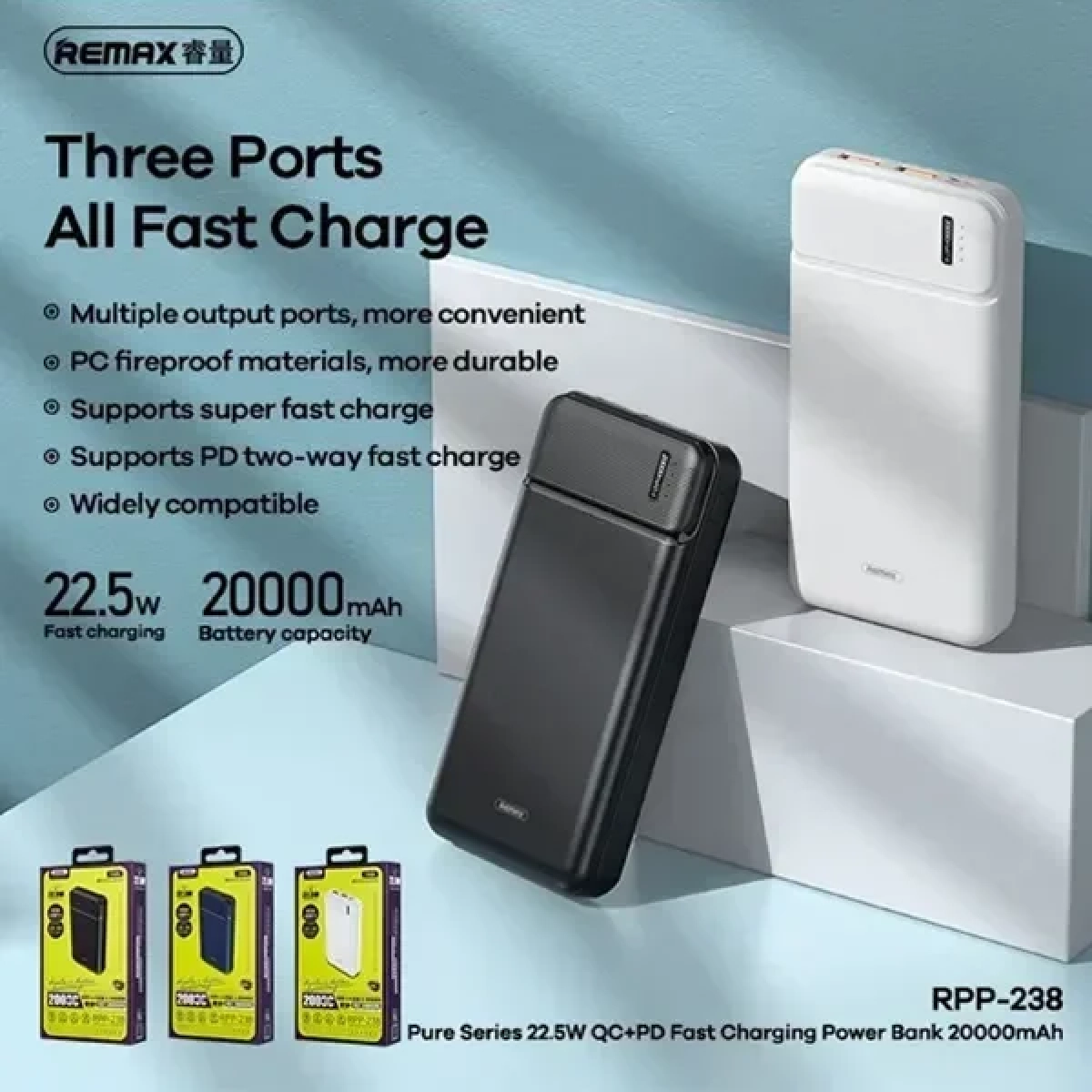 Remax Power Bank RPP-238 20000mAh 22.5W με Γρήγορη Φόρτιση και USB-C Λευκό - Image 2
