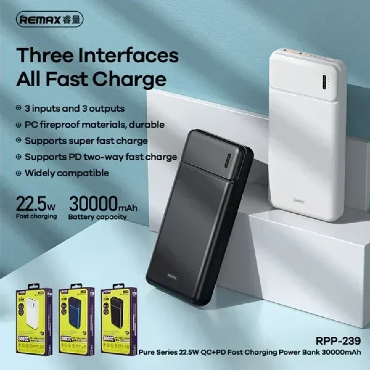 REMAX RPP-239 POWER BANK PURE SERIES 2USB + TYPE-C 22.5W 30000MAH / Μαύρο - Image 2