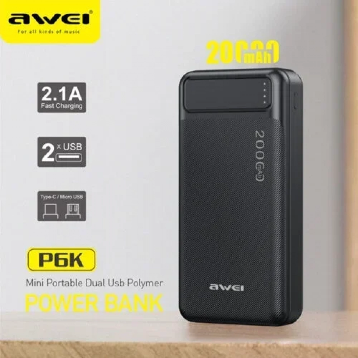 Awei Power Bank P6K 20000mAh Μαύρο