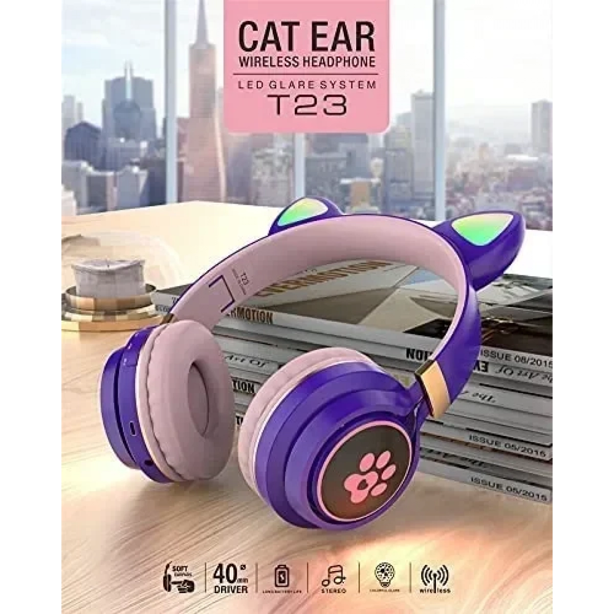 Wireless Headphone Bluetooth Cat Ear T23 Μωβ - Image 2