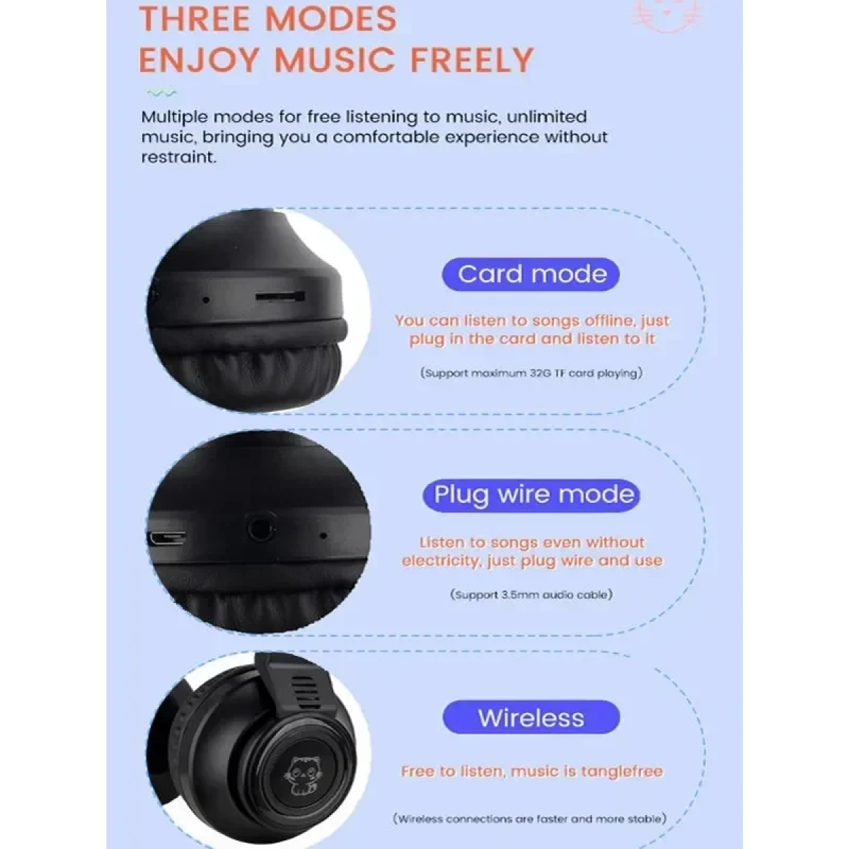STN26 Ακουστικό LED Bluetooth Cat Ears Wireless OEM / Μαύρα - Image 3