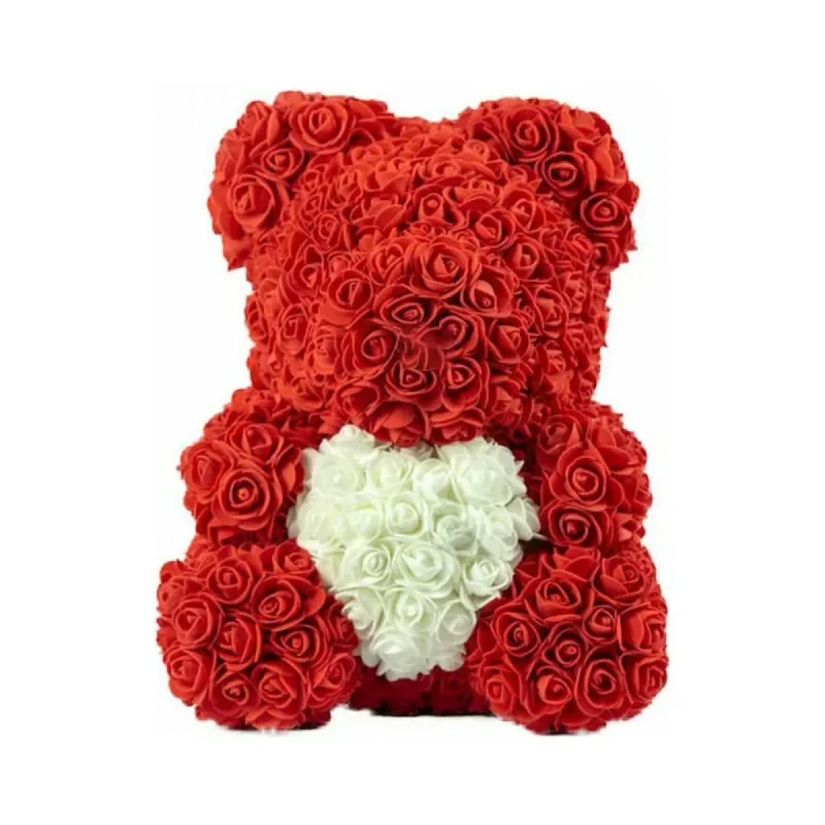 Αρκουδάκι 40cm από τεχνητά τριαντάφυλλα Teddy Bear Roses κόκκινο με λευκή καρδιά
