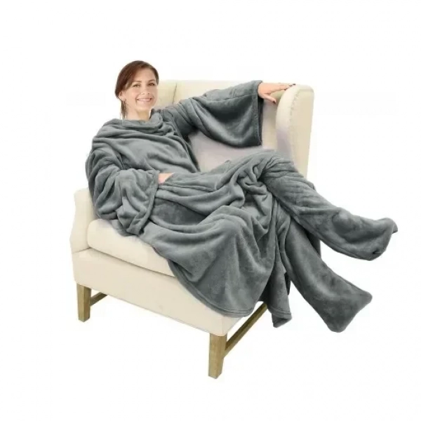 Huggle Ολόσωμη Κουβέρτα Βελουτέ Fleece με Μανίκια και Κάλυψη Ποδιών Γκρί