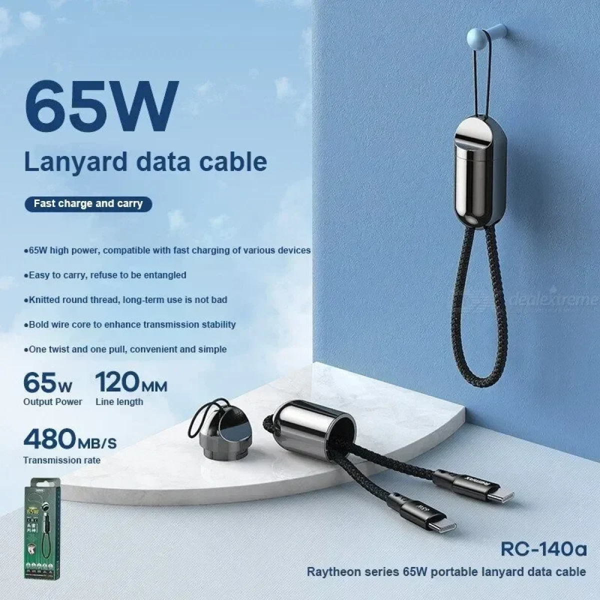 ΦΟΡΗΤO ΚΟΡΔOΝΙ REMAX RAYTHON SERIES 65W DATECABEL TYPE-C TO TYPE-C ΜΑYΡΟ RC-140A - Image 2