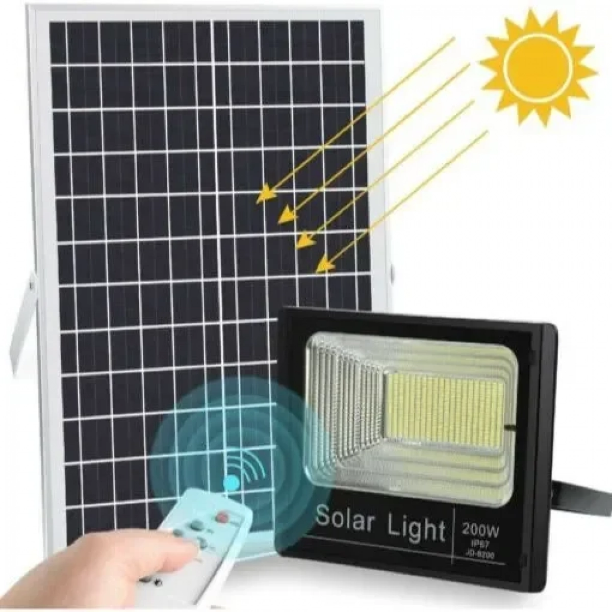 Ηλιακός Solar Προβολέας Αδιάβροχος 200W με Φωτοβολταϊκό Πάνελ, Τηλεκοντρόλ και Χρονοδιακόπτη, JD-8200