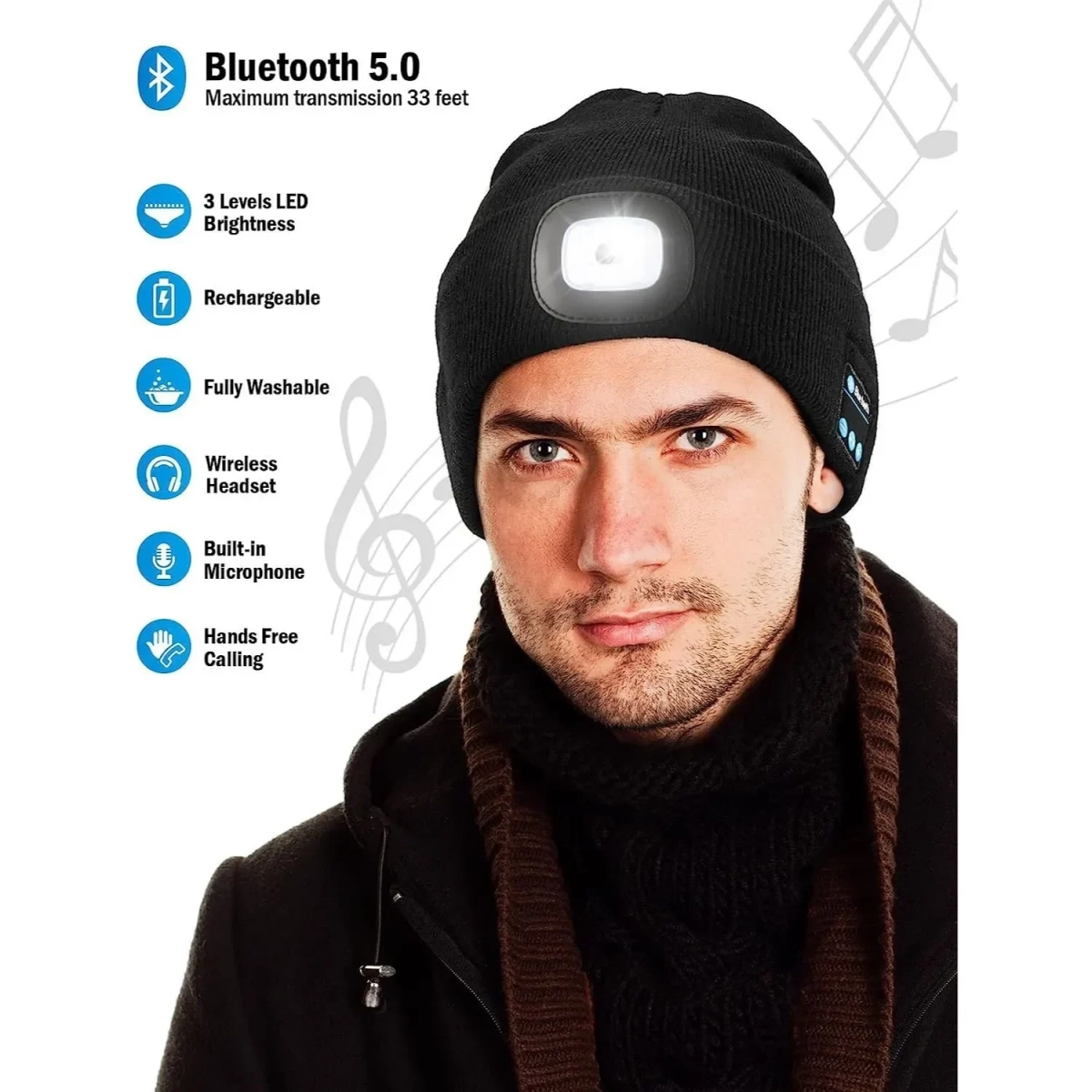 BLUETOOTH RECHARGEABLE LED HAT - 27639 MUSIC HAT - BLACK