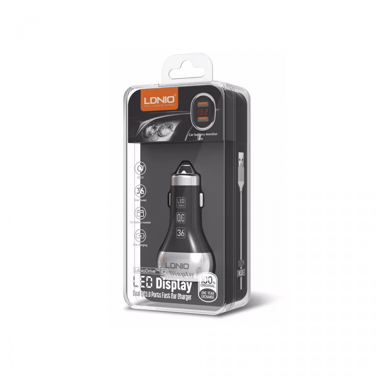 Φορτιστή αυτοκινήτου LDNIO C2, 2xUSB QC3.0, με καλώδιο Micro USB, Μαύρο - Image 2