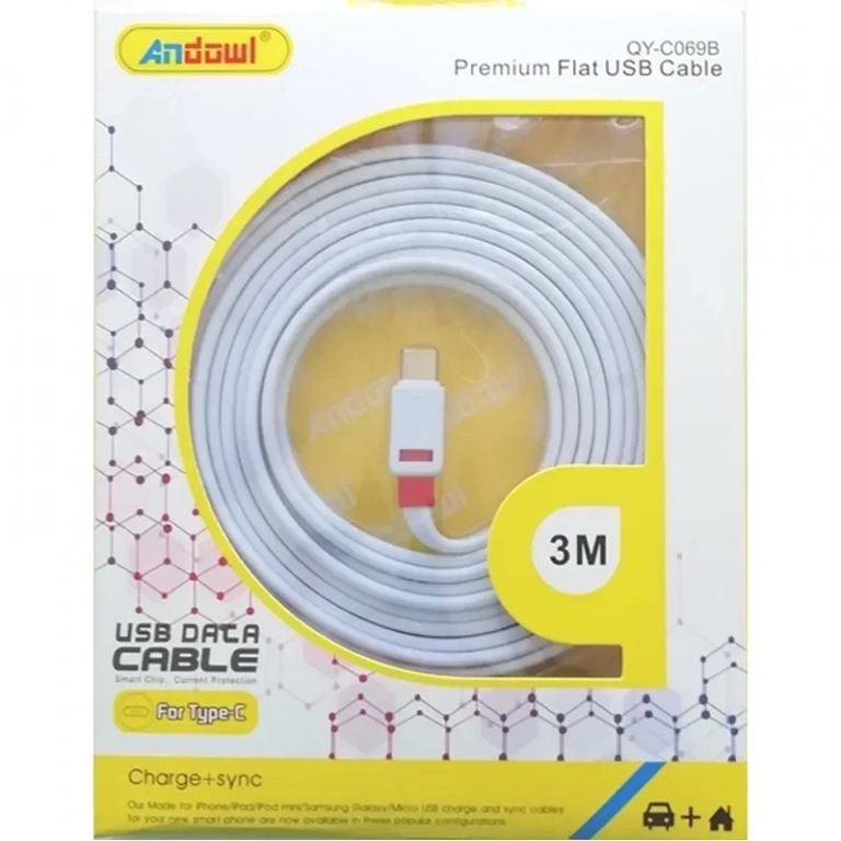 Καλώδιο φόρτισης και μεταφοράς δεδομένων USB 2.0 3m Type-C Andowl QY-C069B