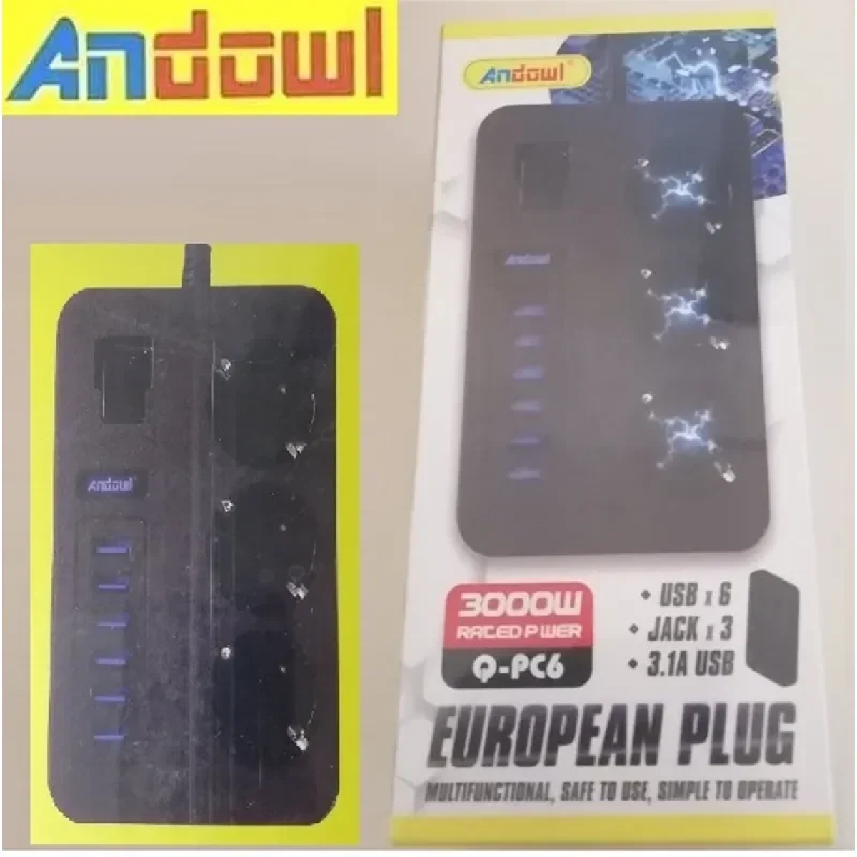 Πολύπριζο με 6 θύρες USB και 3 υποδοχές σούκο με διακόπτη Andowl Q-PC6