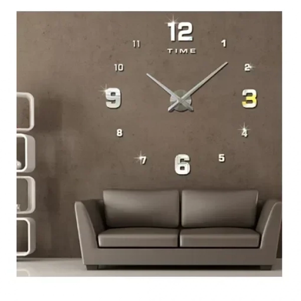 Αυτοκόλλητο Ρολόι 3D Τοίχου μεγάλο Frameless Mirror Do It Yourself ασημί