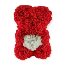 Αρκουδάκι από τεχνητά τριαντάφυλλα κόκκινο με άσπρη καρδιά 25cm