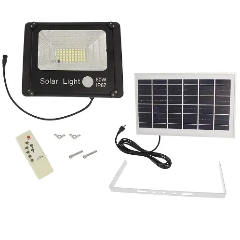 Ηλιακός Solar προβολέας αδιάβροχος 80W 79 SMD 6500K 7200LM με φωτοβολταϊκό πάνελ, τηλεχειριστήριο και χρονοδιακόπτη IP67 W719
