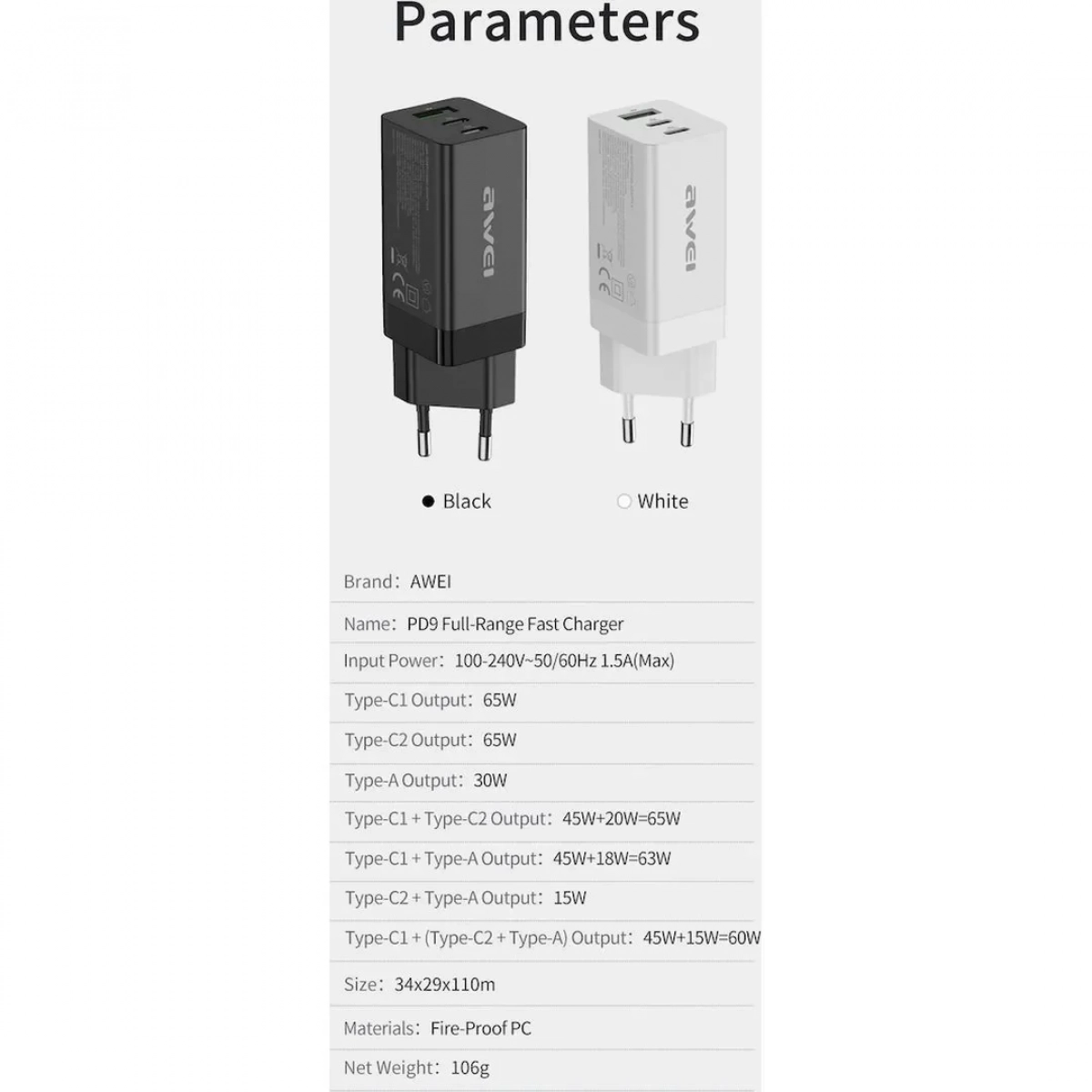 Awei Φορτιστής Χωρίς Καλώδιο με Θύρα USB-A και 2 Θύρες USB-C 65W Power Delivery Μαύρος (PD9)