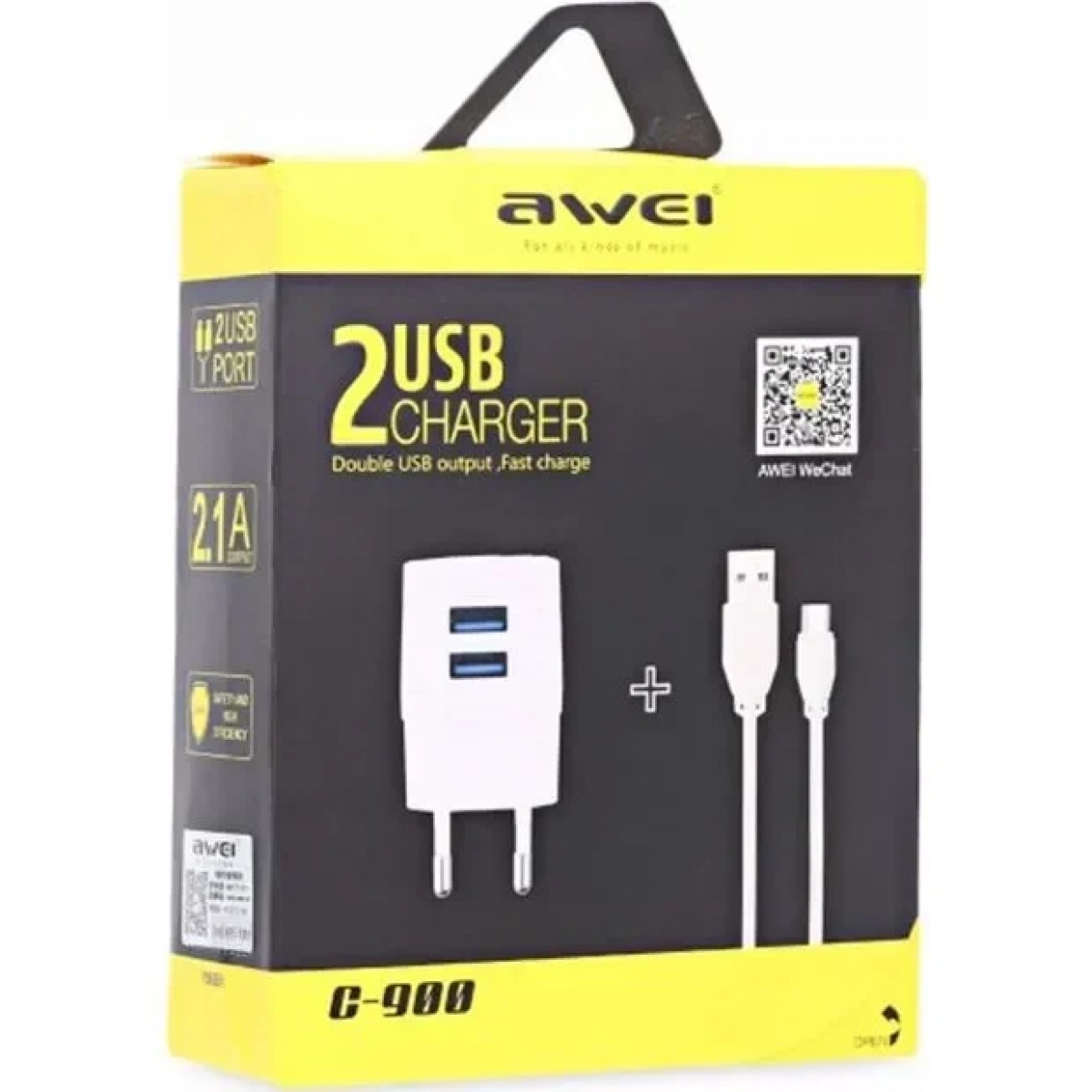 Awei Φορτιστής με 2 Θύρες USB-A και Καλώδιο micro USB Λευκός (C-900)